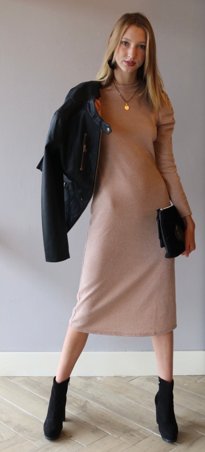 *LUSH PROMENADE Mock Neck RoucheSleeve Midi Dress