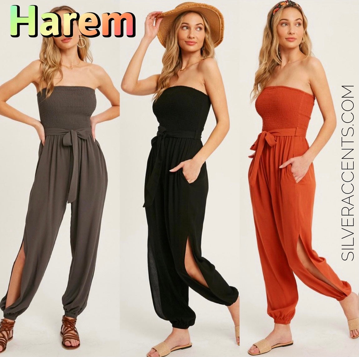 HAREM Smock Strapless TieWaist SplitLeg Jumpsuit