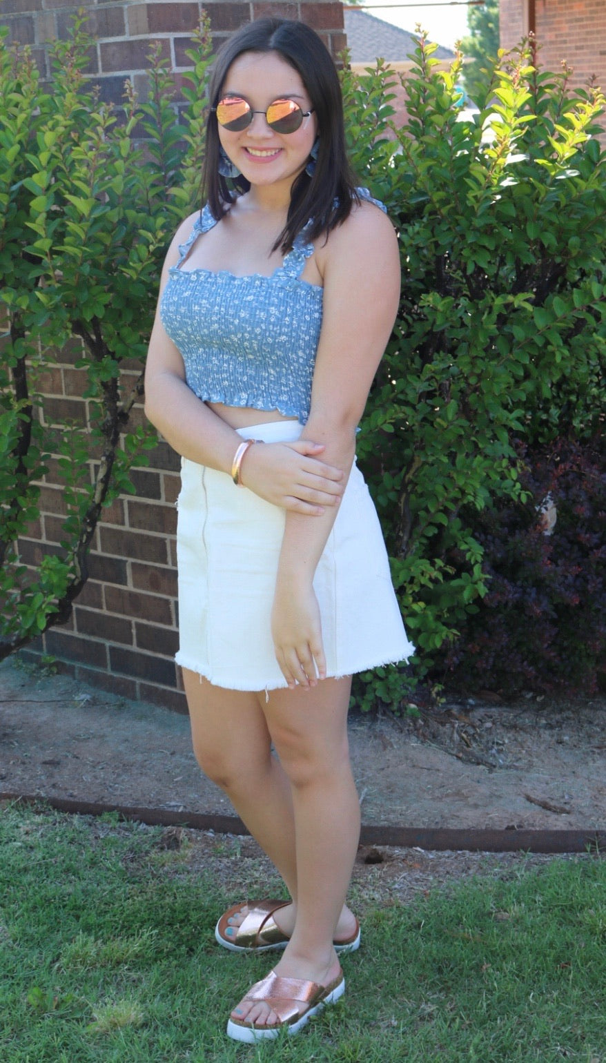 PURSUE Liberty Floral Smocked RuffleStrap Linen Top