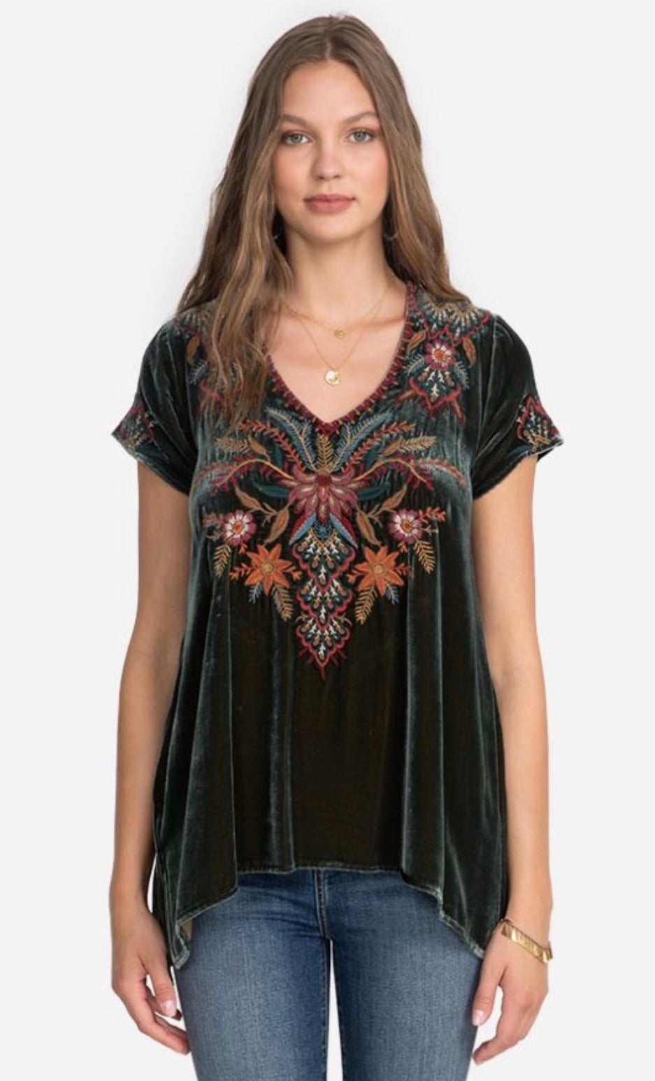 JOHNNY WAS JWLA Velvet AIVITA Embroidered Drape Top