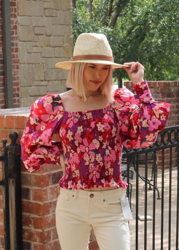 FREE PEOPLE Floral ARIANA SmockBodice PuffSleeve Top