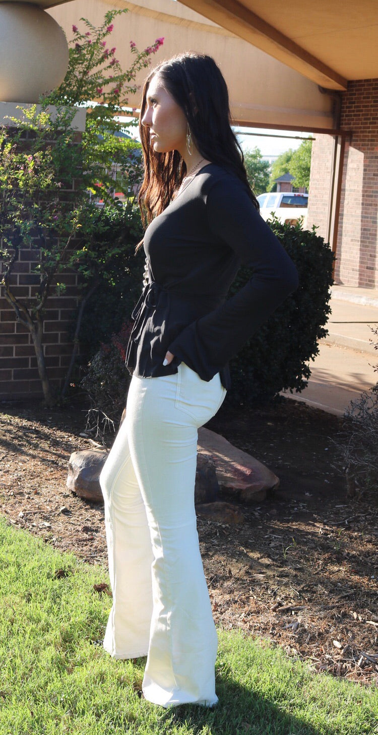 BOBI SuedeKnit POWERHOUSE Ruffled Wrap Tie BellSleeve Top