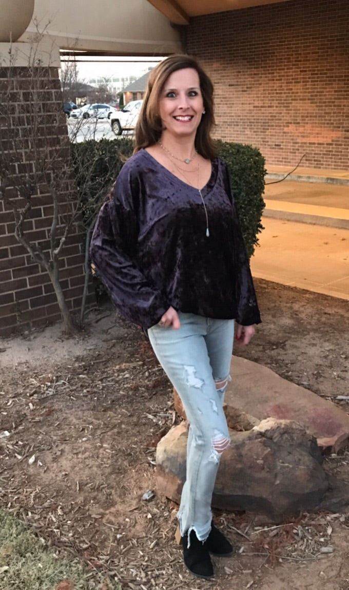 OVERVIEW Crush Velvet V-Neck DropShoulder LongSleeve Pullover Top