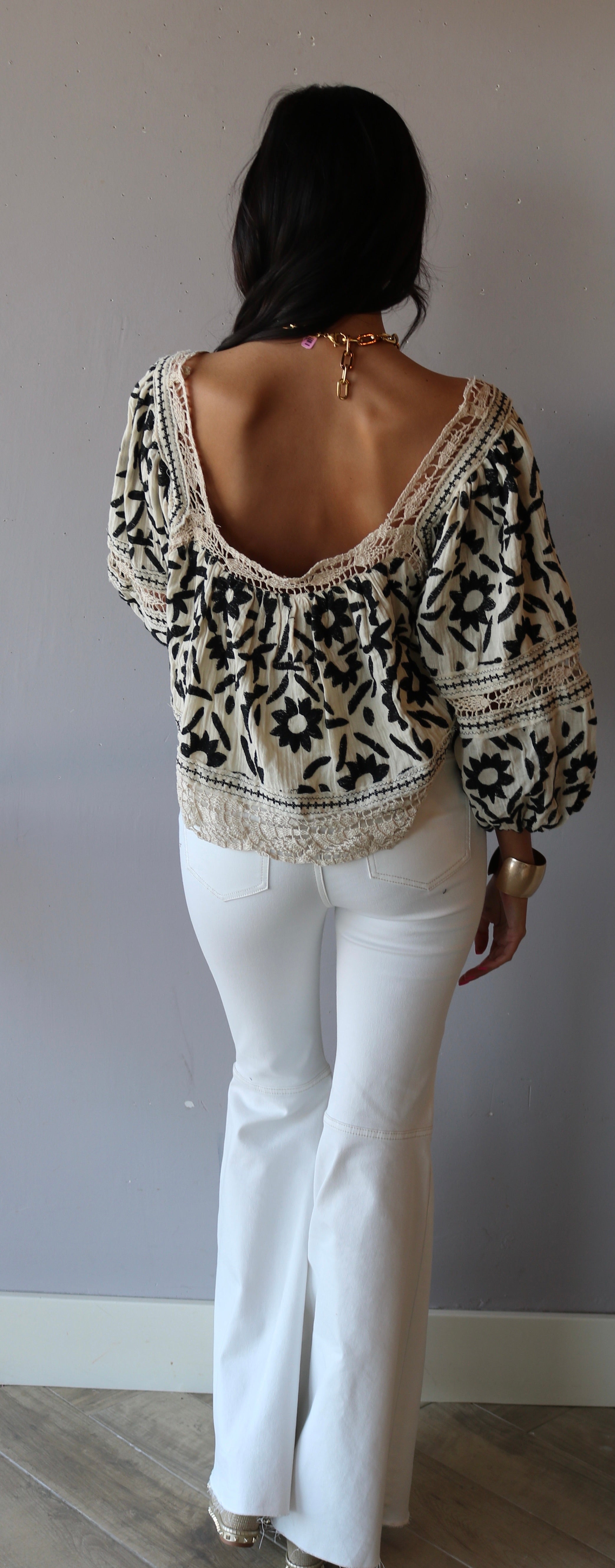 FREE PEOPLE Embroidered SOLEIL SquareNeck BalloonSleeve Top