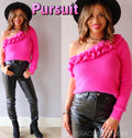 PURSUIT Ruffle OneShoulder Fuzzy Sweater Top