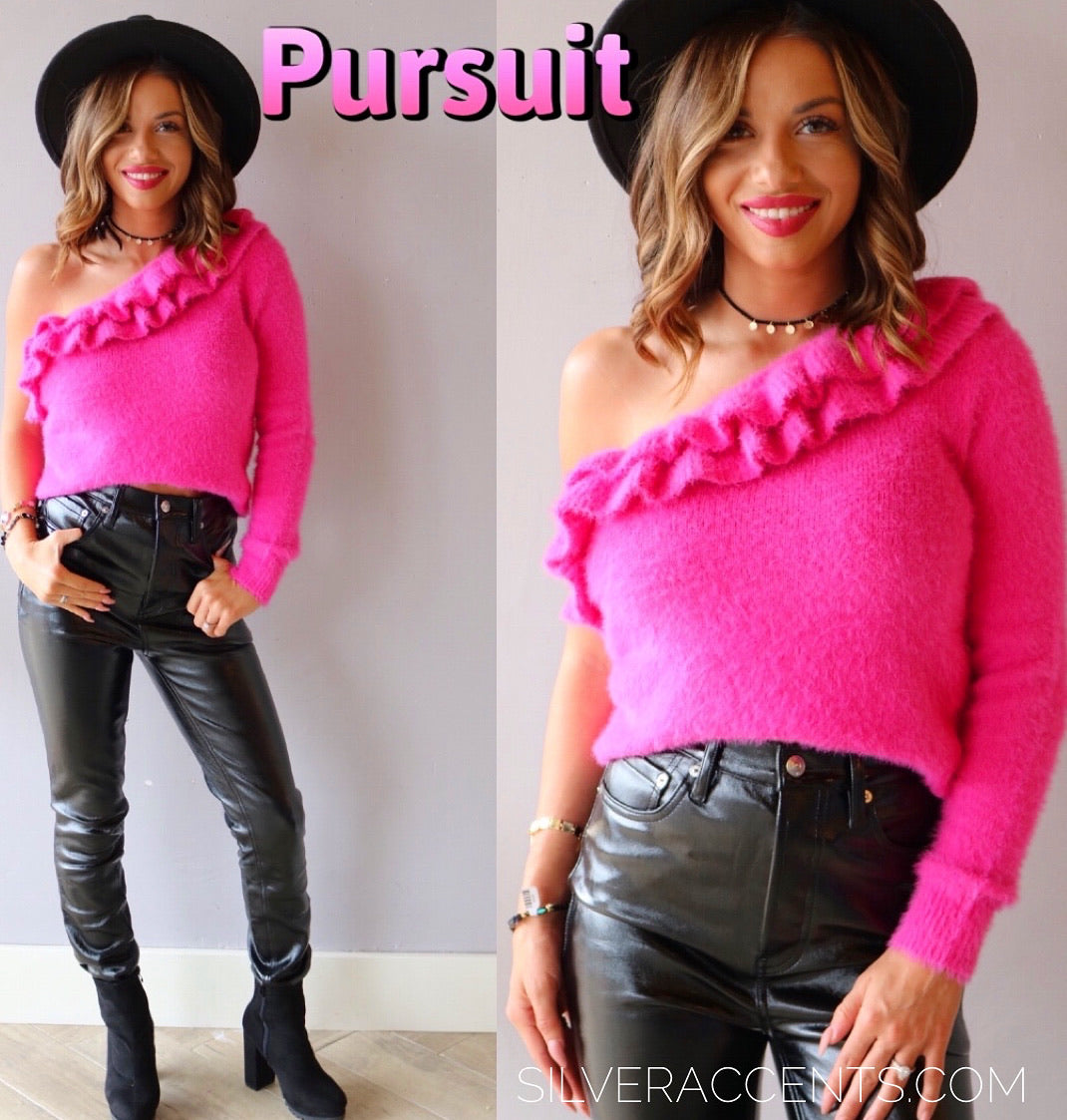 PURSUIT Ruffle OneShoulder Fuzzy Sweater Top