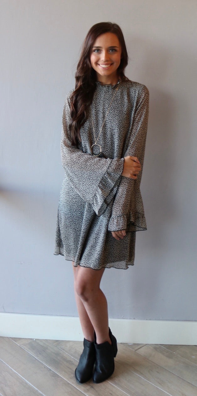 TOURIST Cheetah Ruffle MockNeck Chiffon Dress