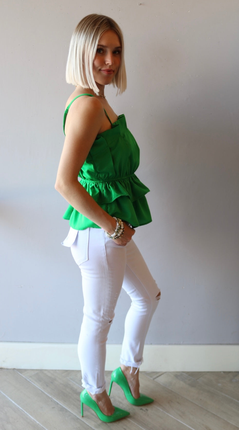 BLOOM Pleated Ruffle Bust SpaghettiStrap Poplin Top