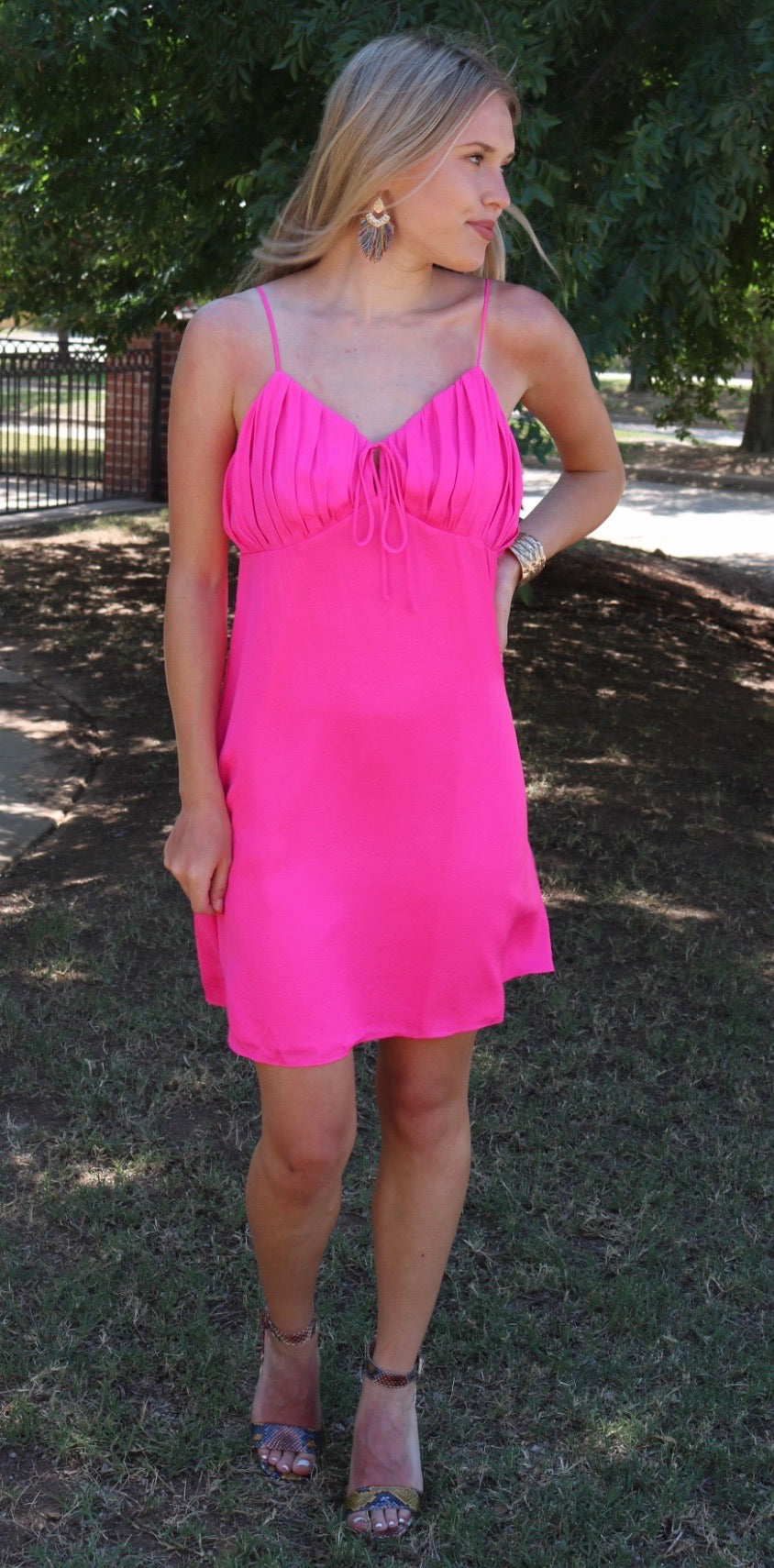 CHECK IN Pleated Bust Satin Cami Dress