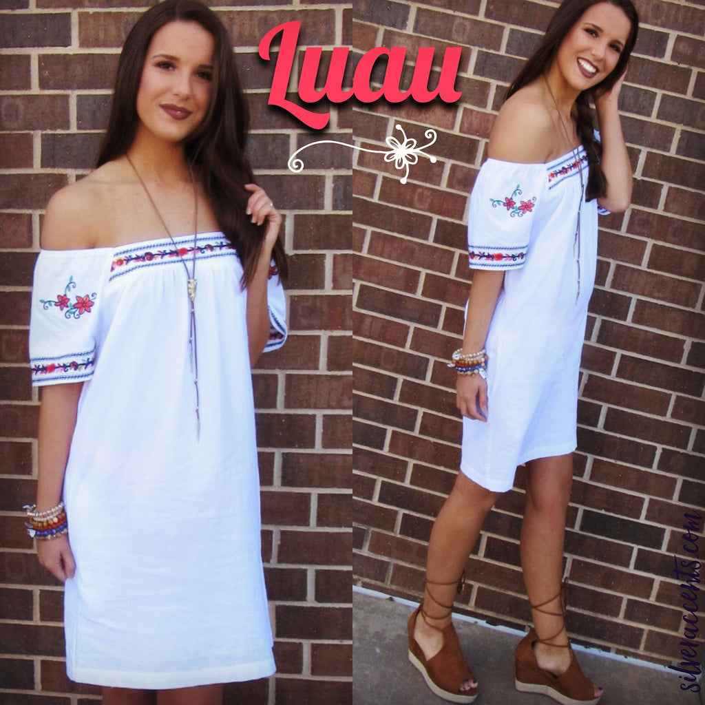 LUAU Embroidered OffShoulder Woven Dress