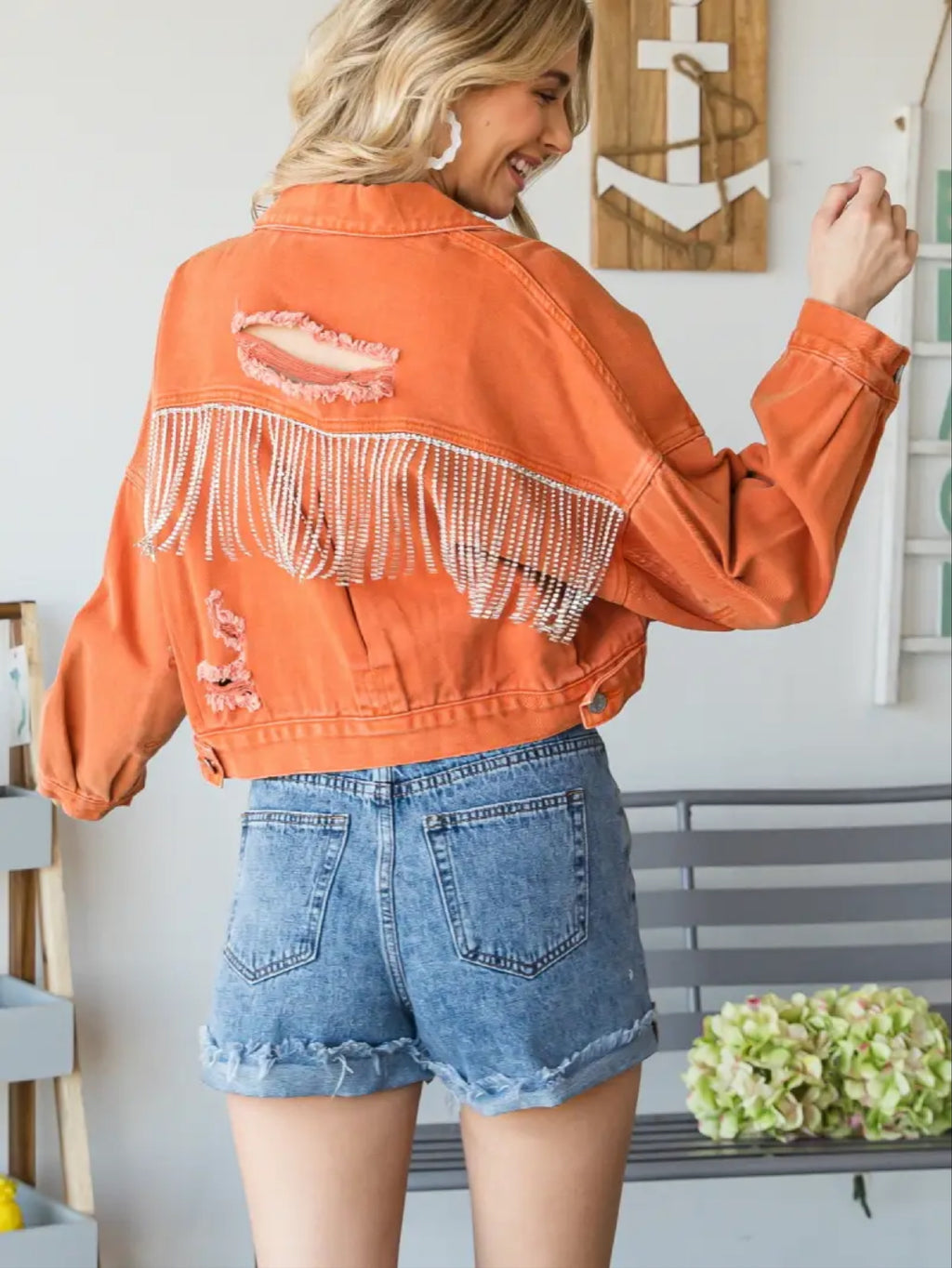 Cropped RODEO Rhinestone Fringe Denim Jacket