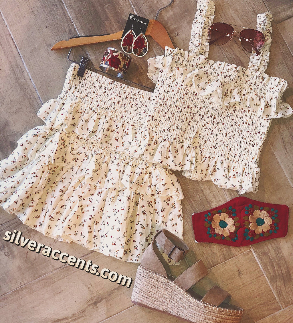 FREESTYLE 2pc Floral Smocked Ruffle Cami/Tiered Skirt Set