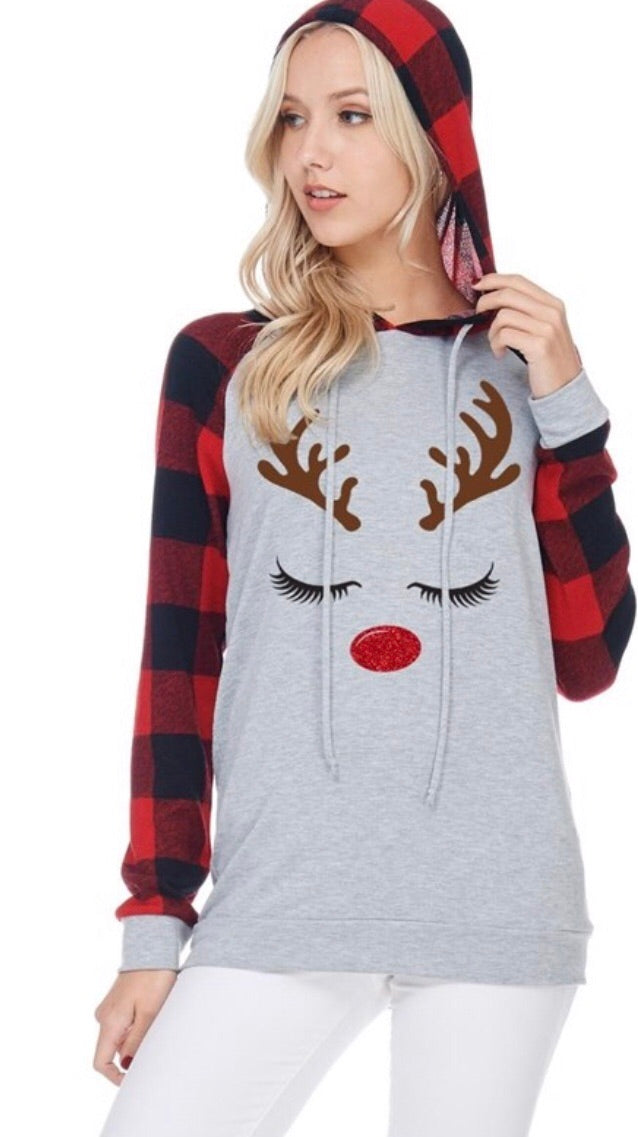 LASHES & LIPSTICK Reindeer Buffalo Plaid Trim Hoodie Top