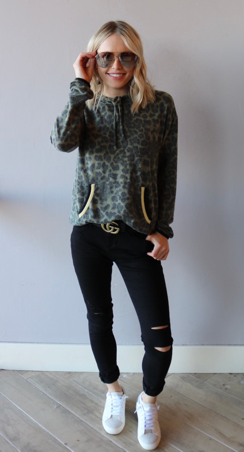 MICHAEL STARS BrushKnit CODY Eden Leopard Hoodie Top