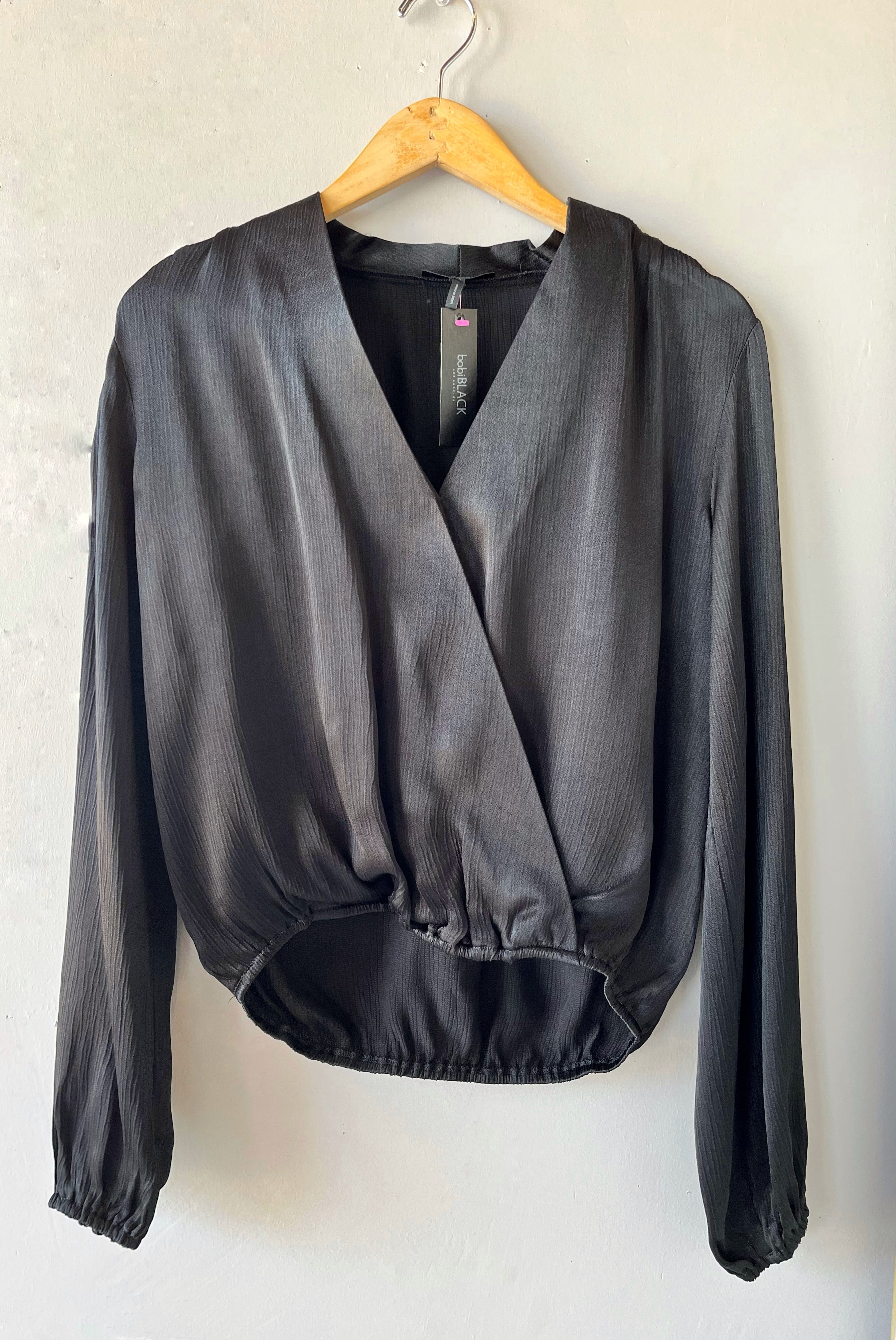 BOBI BLACK Sleek Textured LOGAN Woven Surplice Top