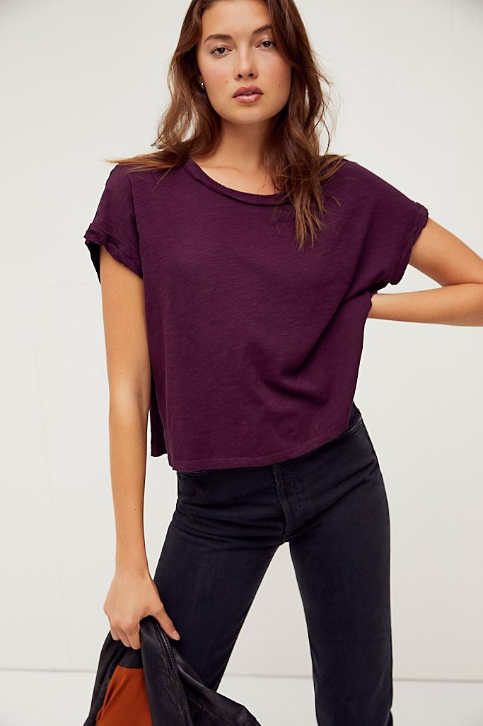 FREE PEOPE Jersey YOU ROCK RollSleeve Boxy Tee Top