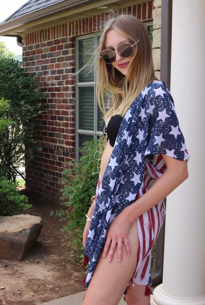 USA FLAG Tassel CoverUp Kimono Top