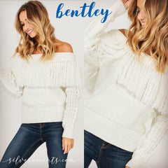 BENTLEY FoldOver OffShoulder Fringe Sweater Top