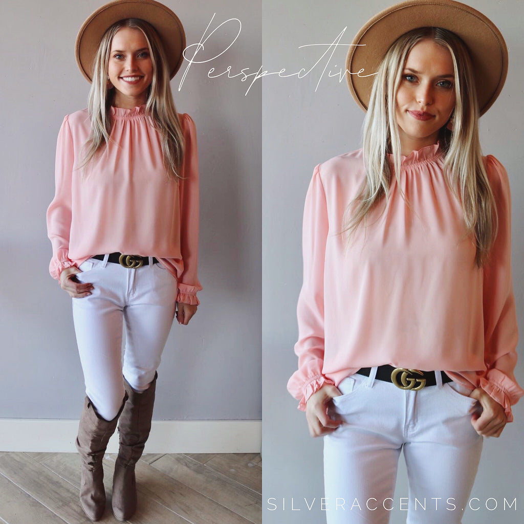 Main Strip PERSPECTIVE Ruffle HiNeck/Sleeve Chiffon Top