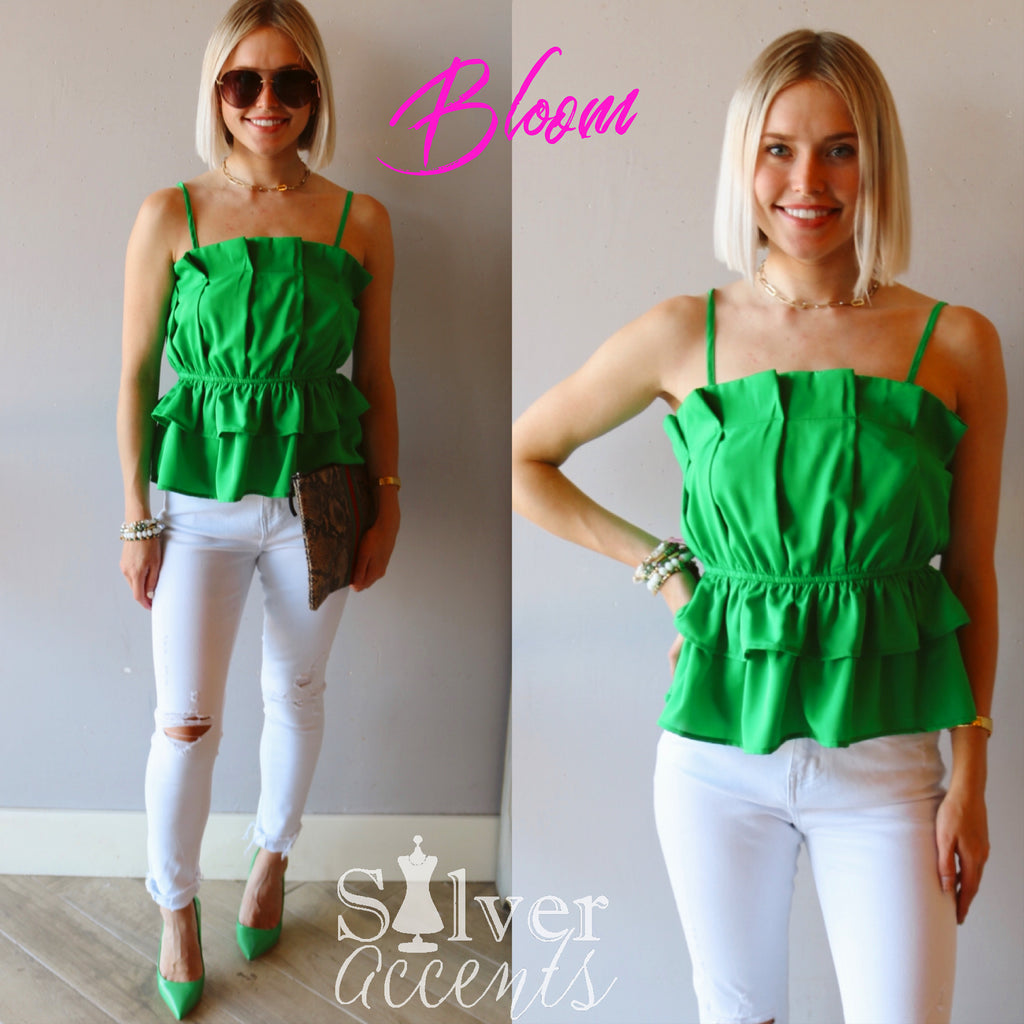 BLOOM Pleated Ruffle Bust SpaghettiStrap Poplin Top