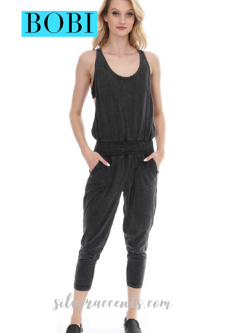 BOBI Black PROGRESS Distressed Jersey Smocked Tank Jumpsuit