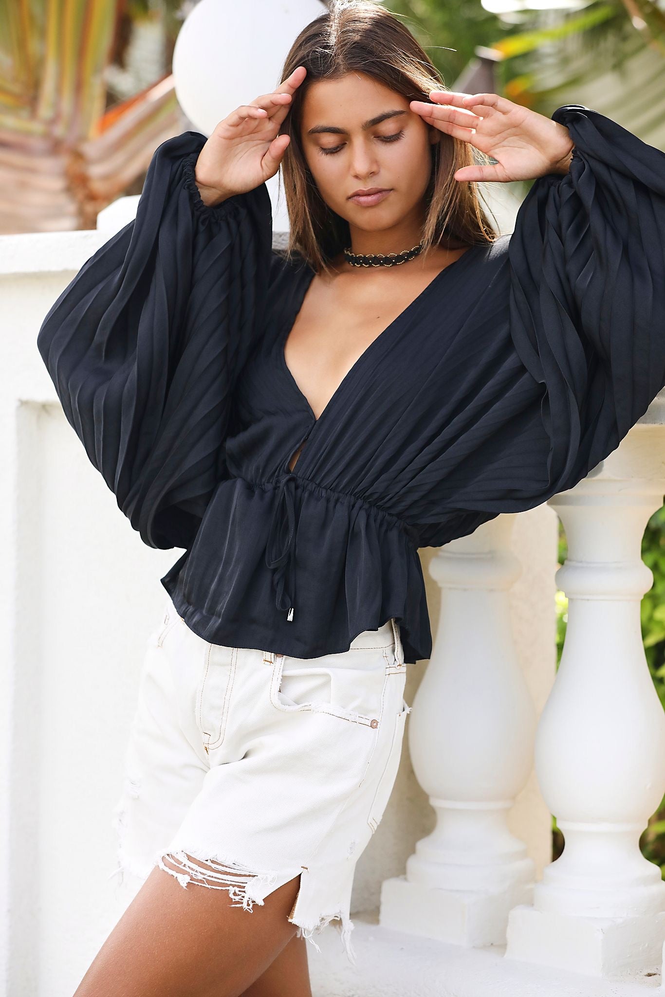 FREE PEOPLE Silk ELOUISE DrawstringWaist PleatSleeve V~Neck Kimono Top