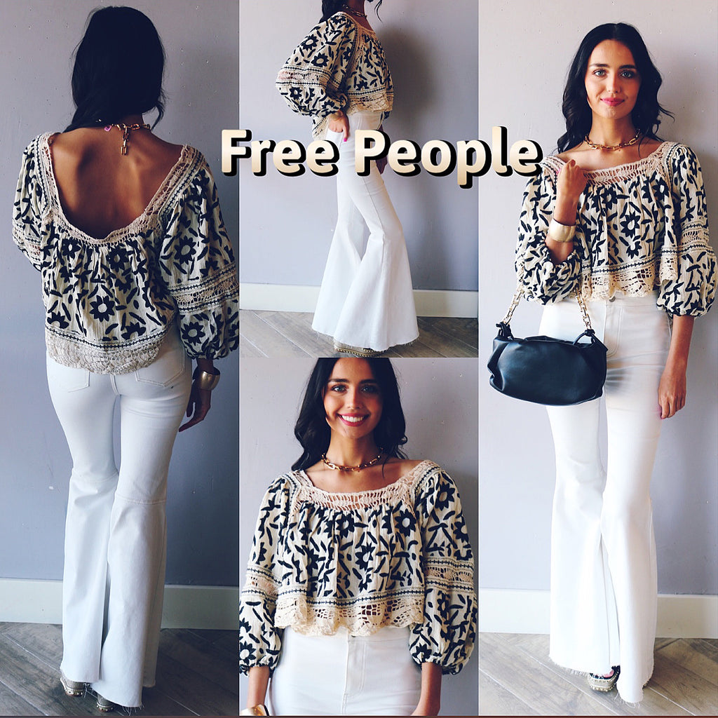 FREE PEOPLE Embroidered SOLEIL SquareNeck BalloonSleeve Top