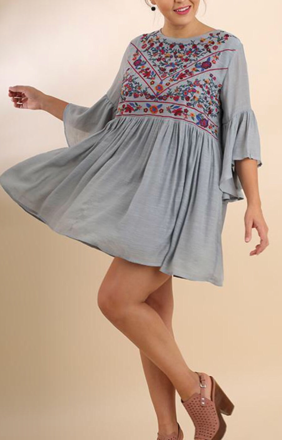 WANDERLUST Embroidered Ruffle Sleeve Grey Dress