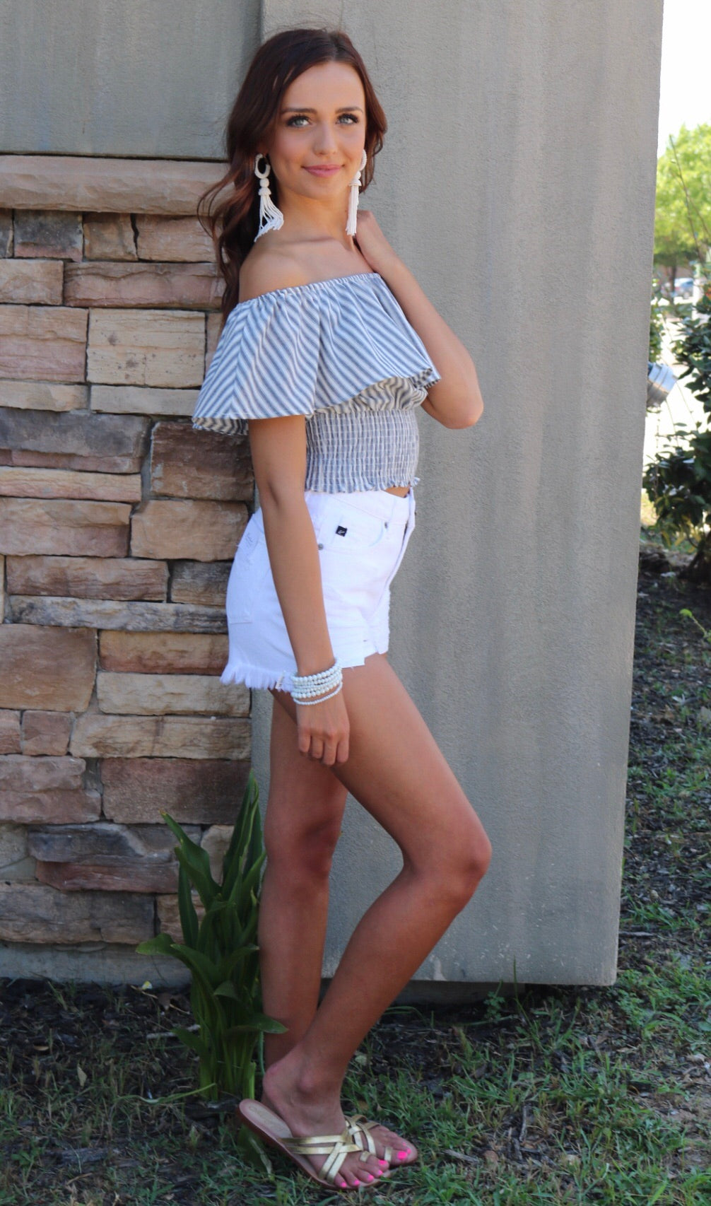 GAUNTLET Stripe Ruffled OffShoulder SmockBottom Woven Top