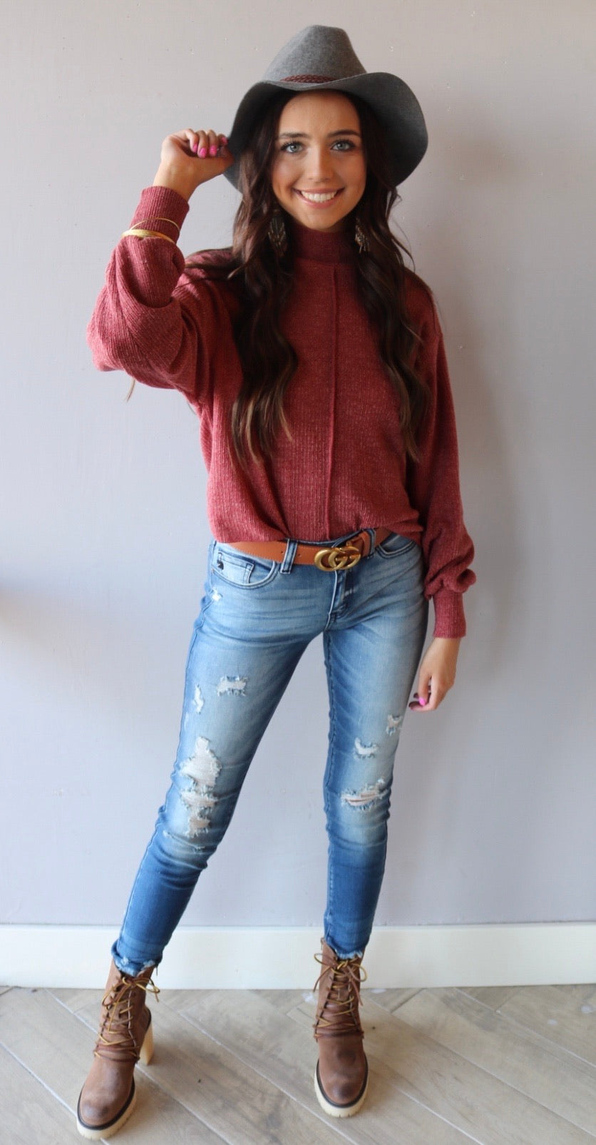 JEOPARDY MockNeck Expose Seam Knit Sweater