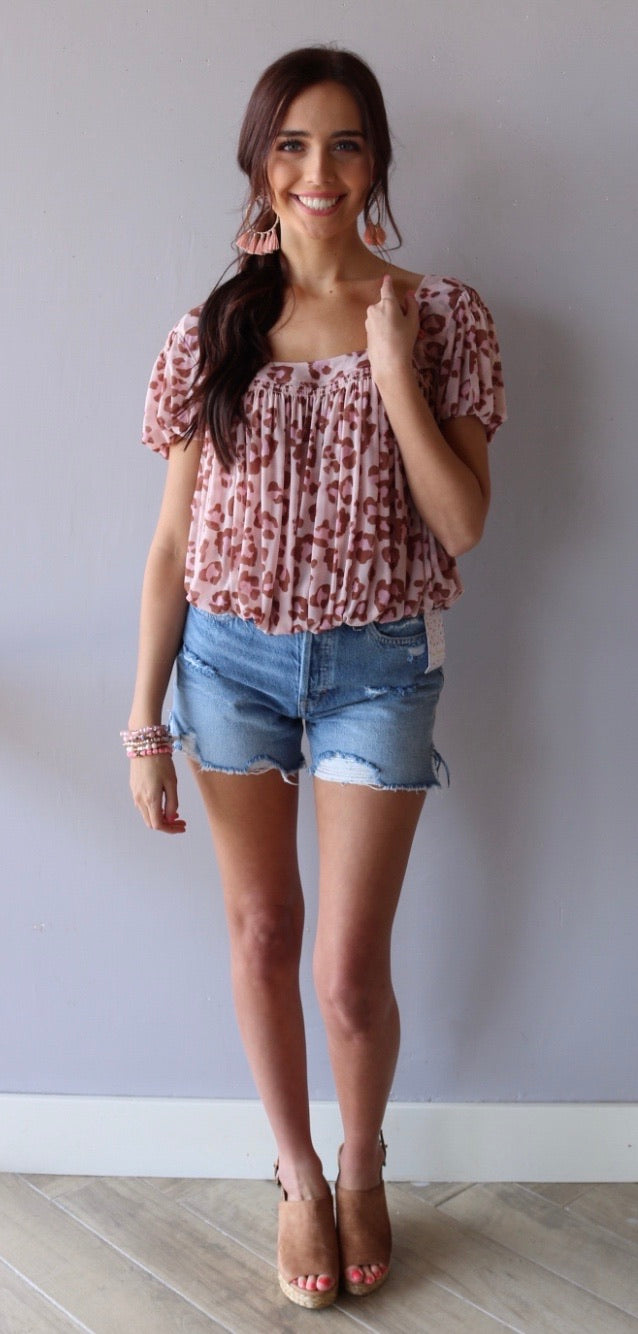 FREE PEOPLE Mesh MEG’S BLOUSE Animal Print BubbleHem Top