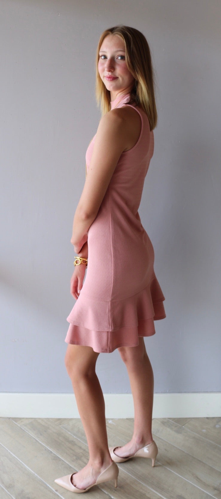 Peach Love California FAST TRACK MockNeck Double Ruffle Hem BodyCon Dress