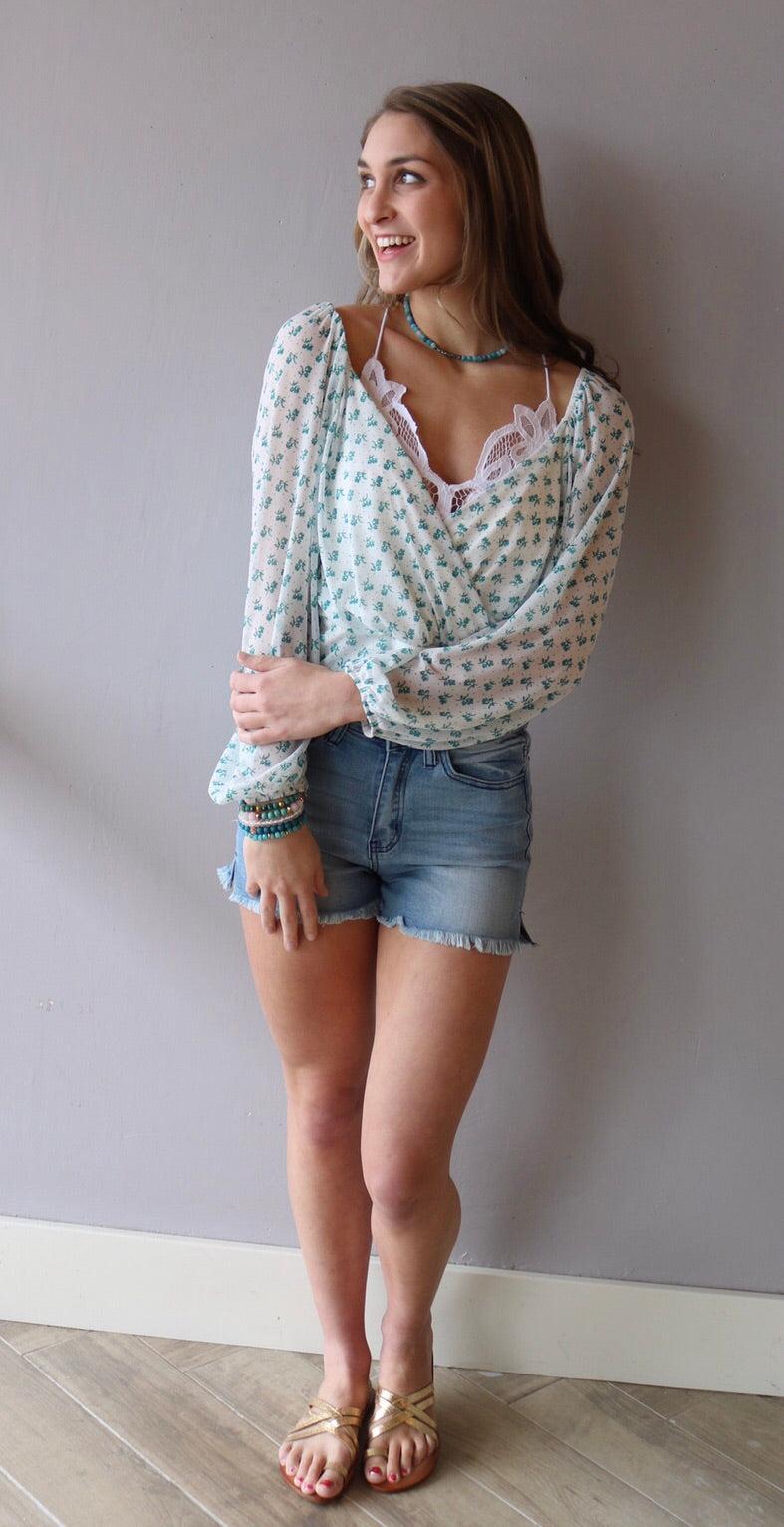 FREE PEOPLE Cream Combo SWEETIE PIE Floral CrossOver Chiffon WaistLength Top