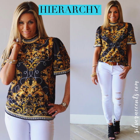 HIERARCHY Baroque Border Floral SmockNeck ShortSleeve Top