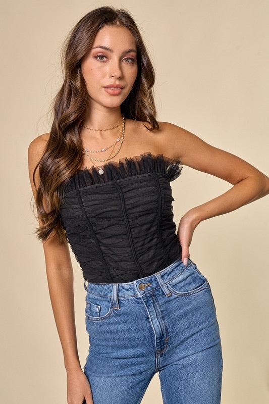 CHARADE Strapless Rouched Tulle Bodysuit