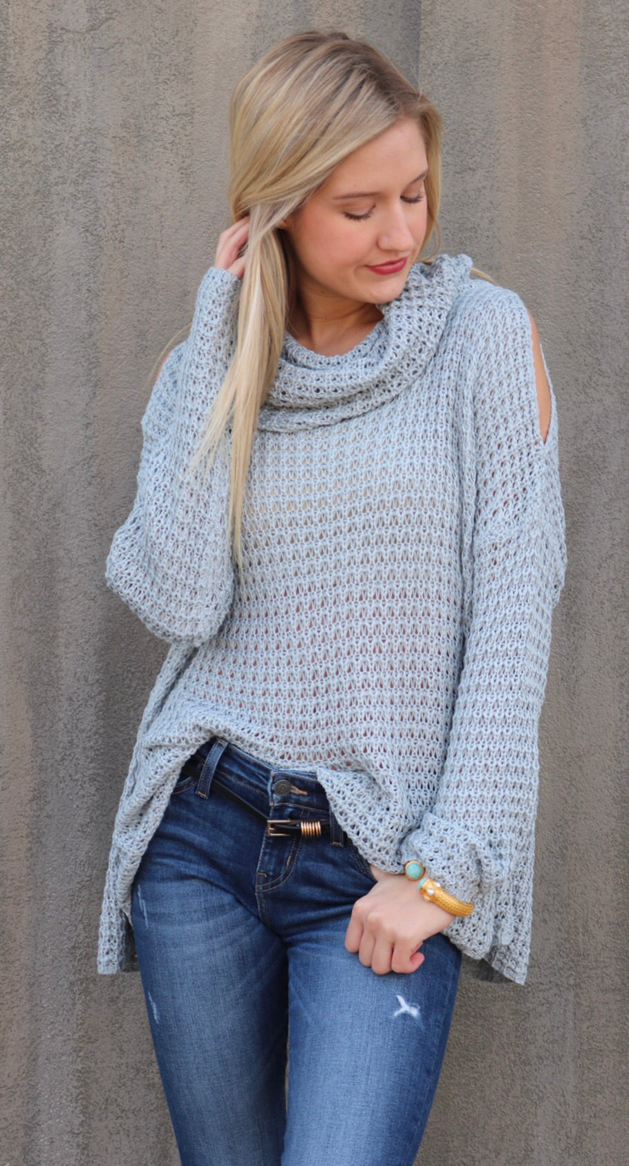 AZULE CowlNeck ColdShoulder Lightweight Sweater Top