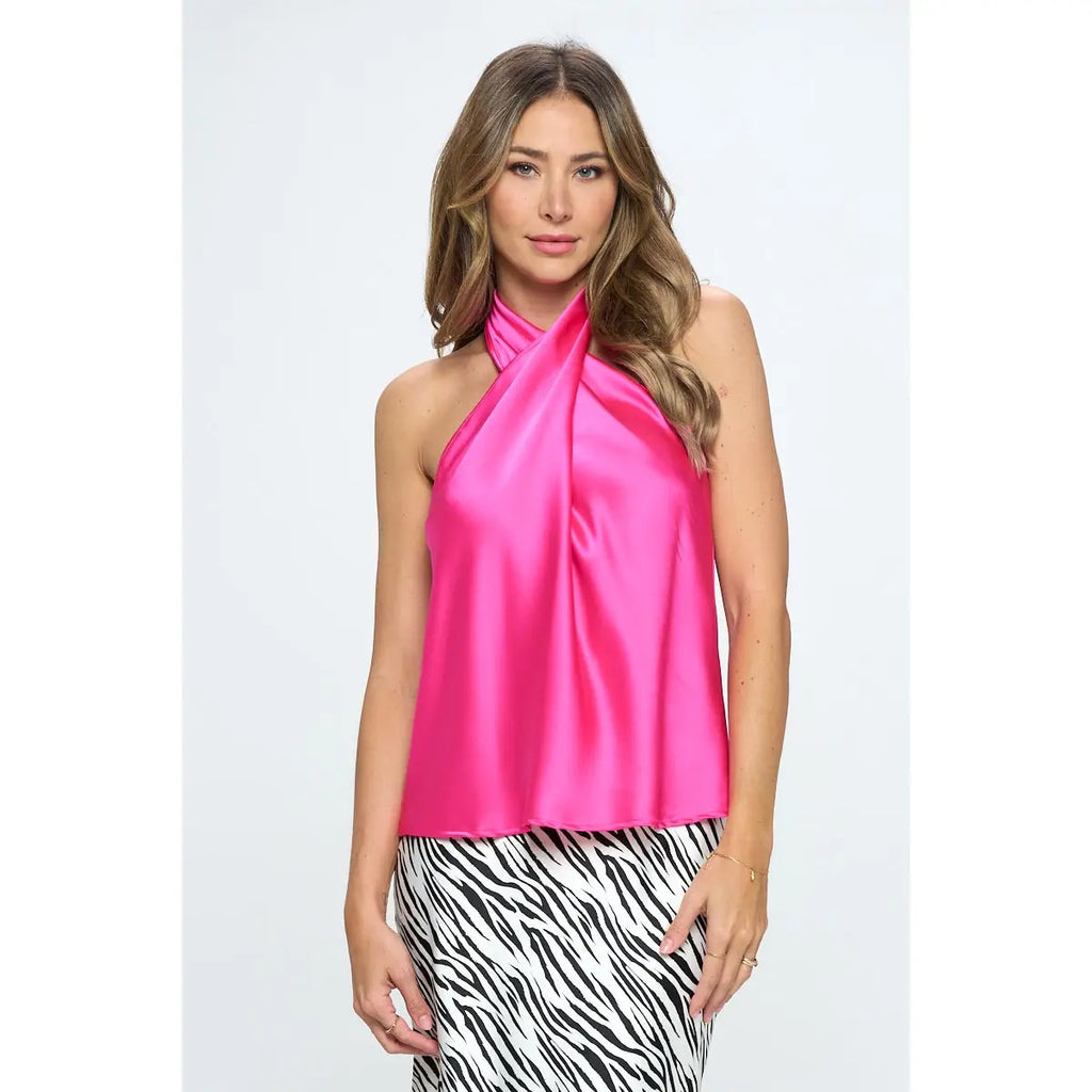 COMMIT Cross Neck Halter Satin Open Back Top
