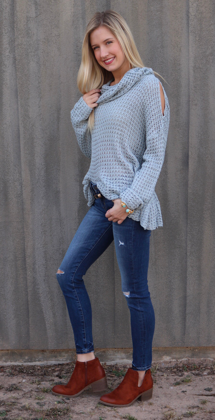 AZULE CowlNeck ColdShoulder Lightweight Sweater Top