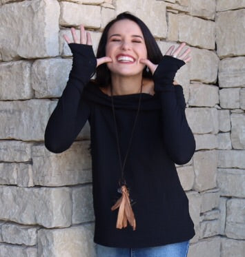 BOBI Foldover BYPASS OffShoulder Thumbhole Flare Jersey Top