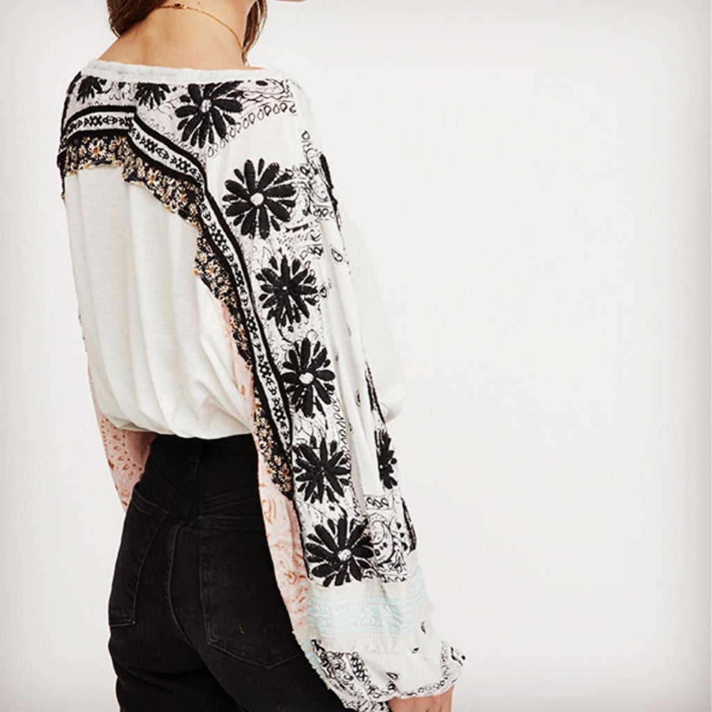 FREE PEOPLE Boho TRIPOLI Embroidered/Print Tunic Top – Silver Accents