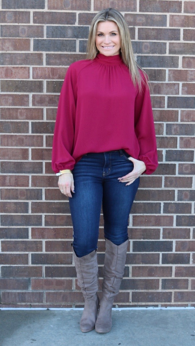 ENCHANTED HiNeck Tie KeyHole Back LongSleeve Top