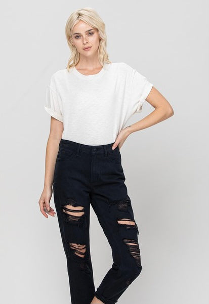 VERVET Distressed RYDER Hi~Rise Mom Jeans