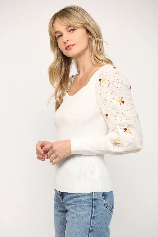 POPPY Embroidered Floral~Sleeve Square~Neck Top