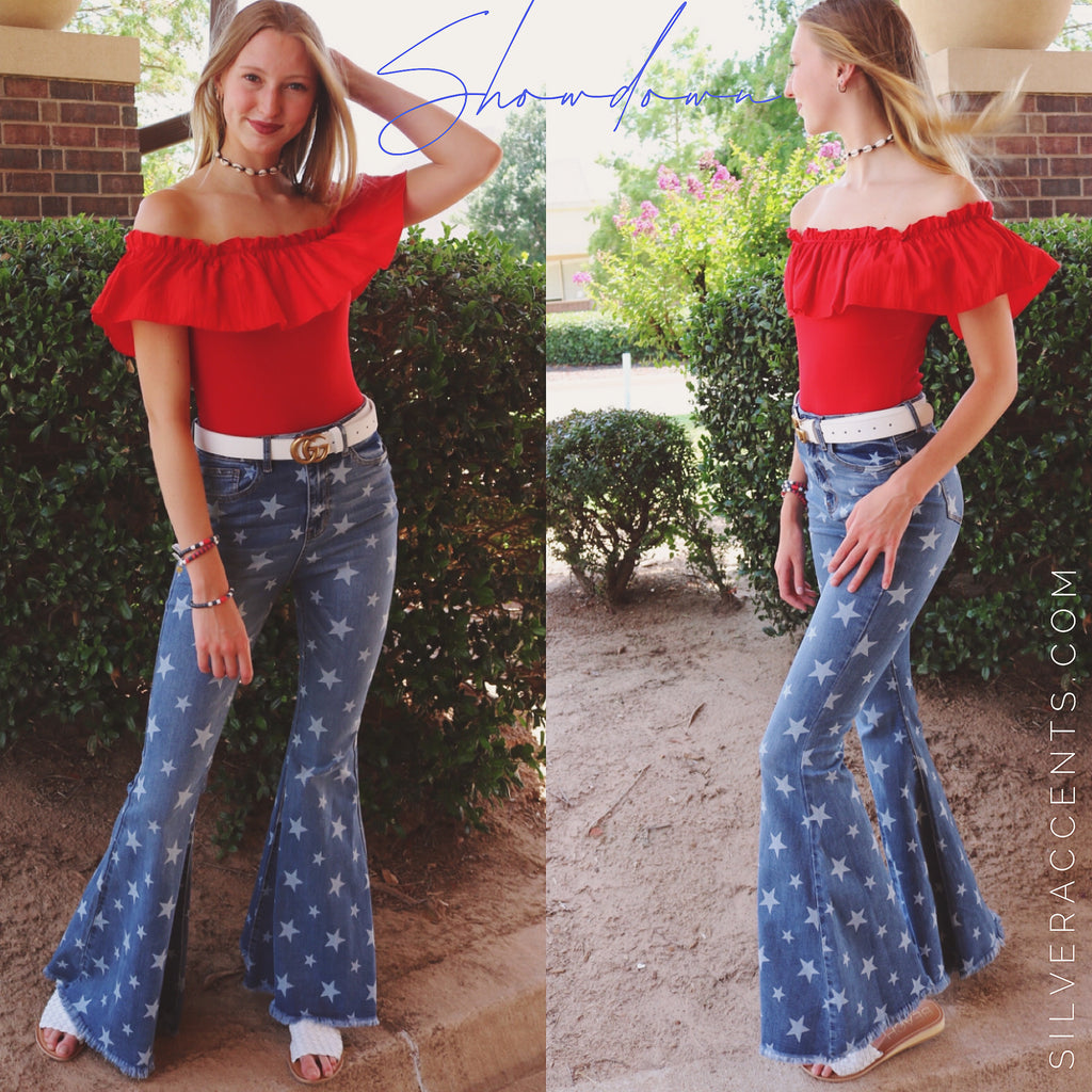 SHOWDOWN Star Print SuperFlare RawHem Jean