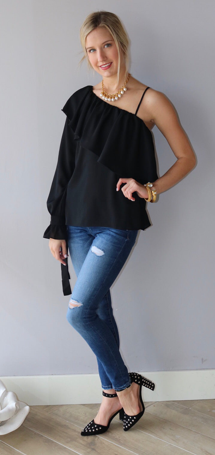 SEIGEL Ruffled OneShoulder TieSleeve MatteSatin Top