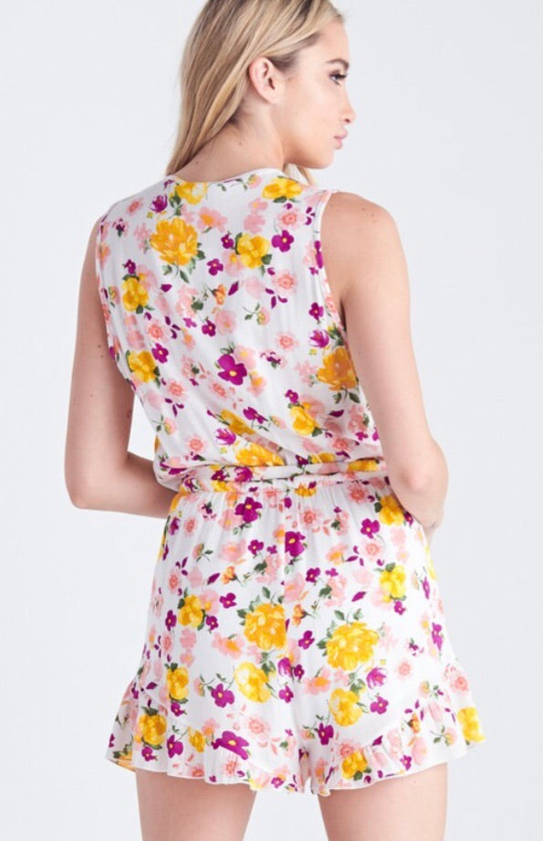 Blue Blush MADEIRA Floral V-Neck TieWaist Chiffon Short Romper