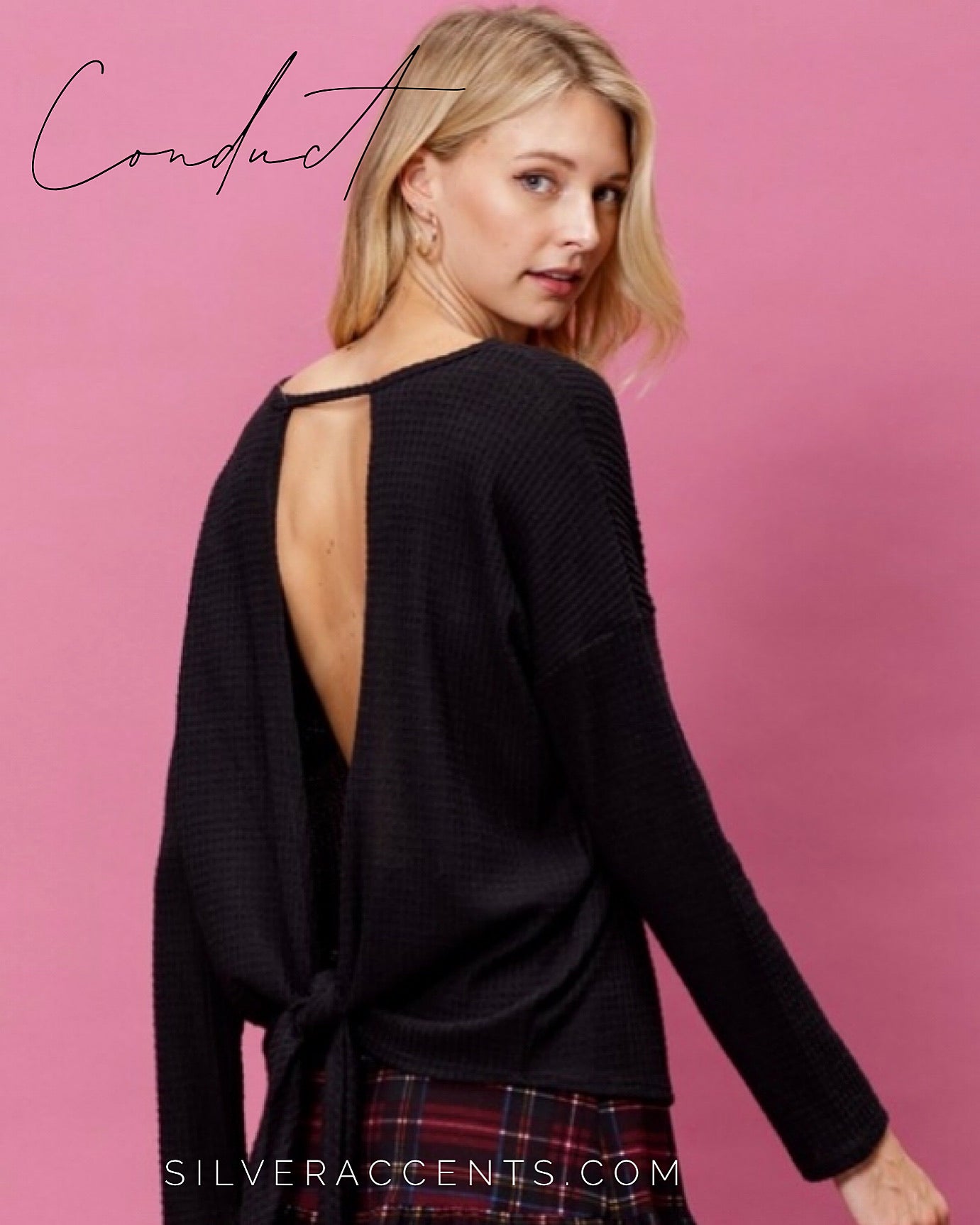 CONDUCT Open TieBack WaffleKnit Top