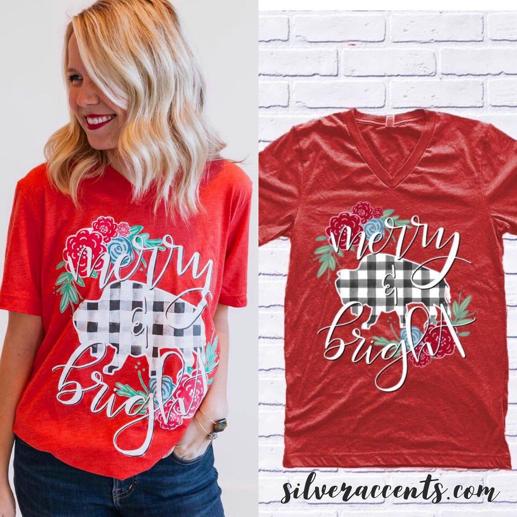 MERRY & BRIGHT Buffalo Plaid/Floral V-Neck TriBlend Top