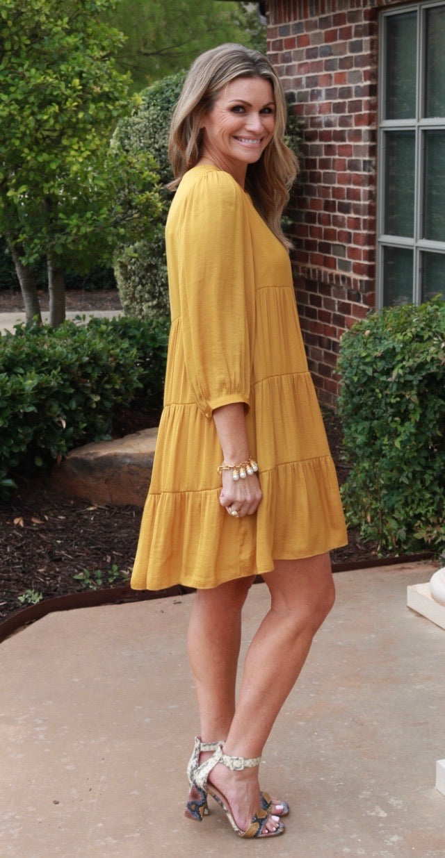 PYRAMID Tiered 3/4 Sleeve MatteSatin Dress
