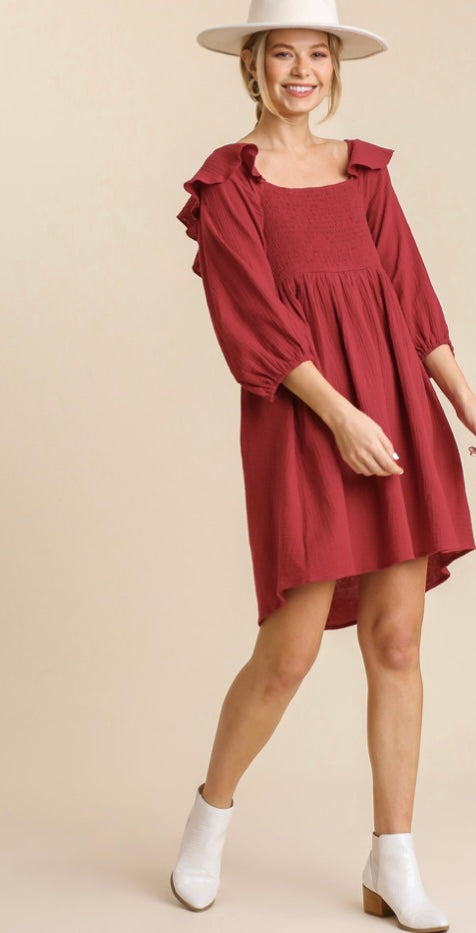 *LINKS 3/4 RuffleSleeve SmockBust Gauze Dress